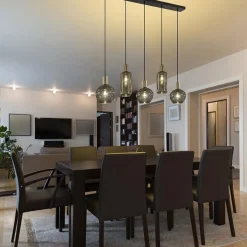 Chique 5-lichts hanglamp smoke glas met brons><noscript><img width=