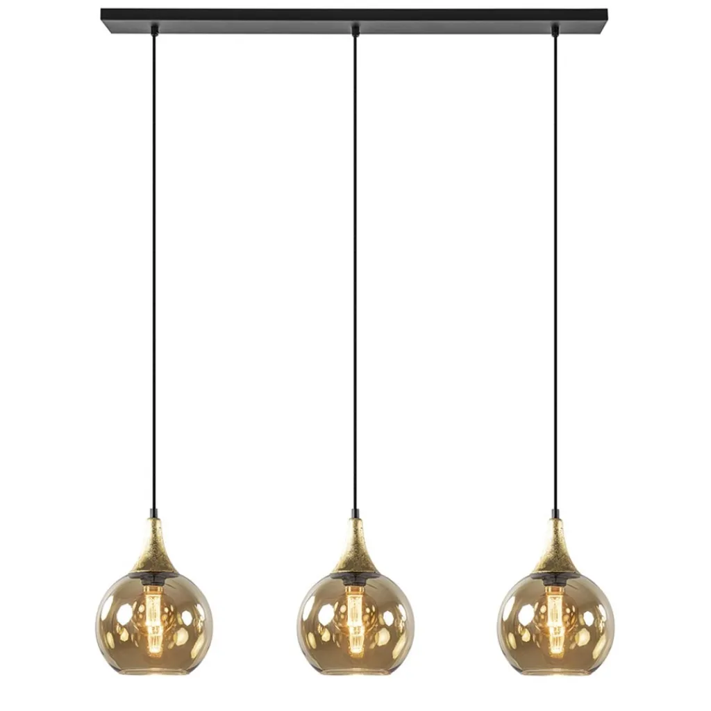 Chique 3-lichts hanglamp zwart/goud met amber glas>Straluma Outlet