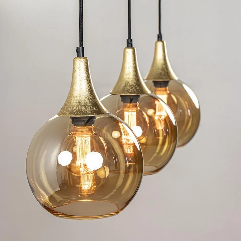 Chique 3-lichts hanglamp zwart/goud met amber glas>Straluma Outlet
