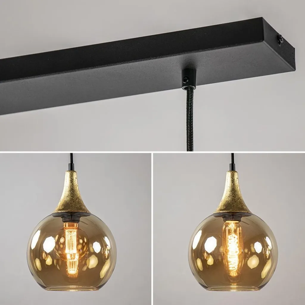 Chique 3-lichts hanglamp zwart/goud met amber glas>Straluma Outlet