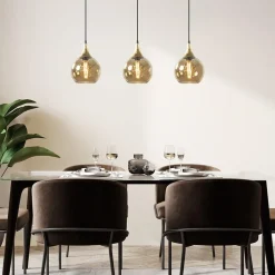Chique 3-lichts hanglamp zwart/goud met amber glas><noscript><img width=