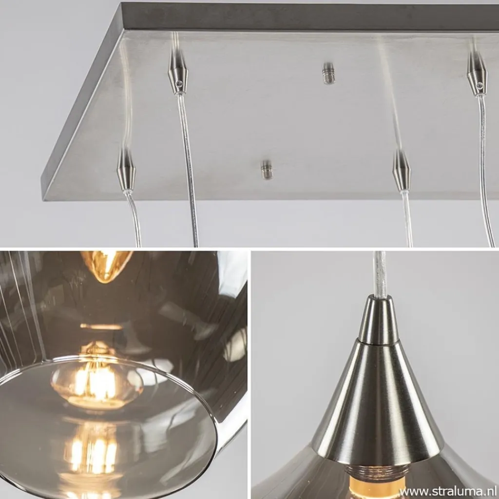 Eettafelhanglamp nikkel met smokey glas 8-lichts>Straluma Outlet