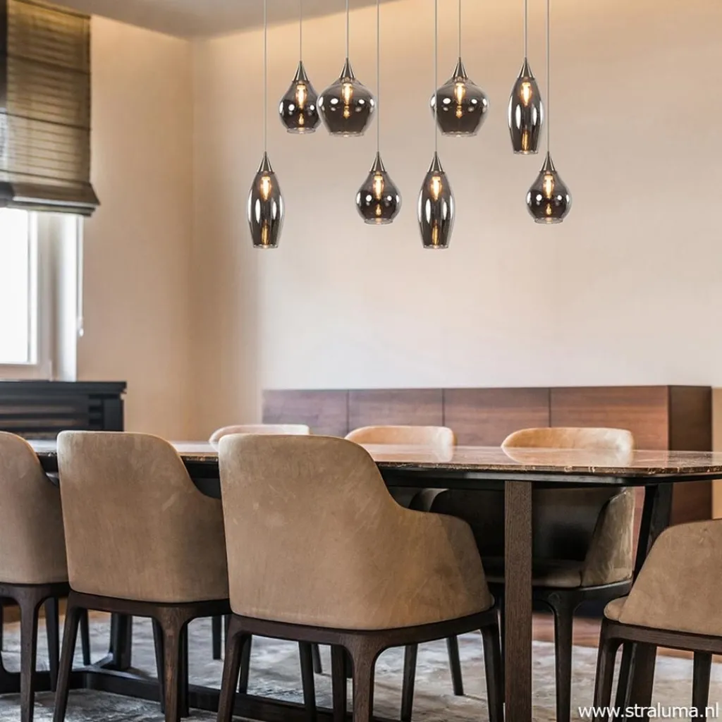 Eettafelhanglamp nikkel met smokey glas 8-lichts>Straluma Outlet
