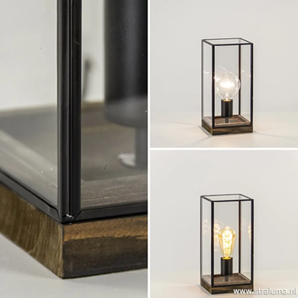 Glazen tafellamp Askjer hout met zwart>Straluma Best