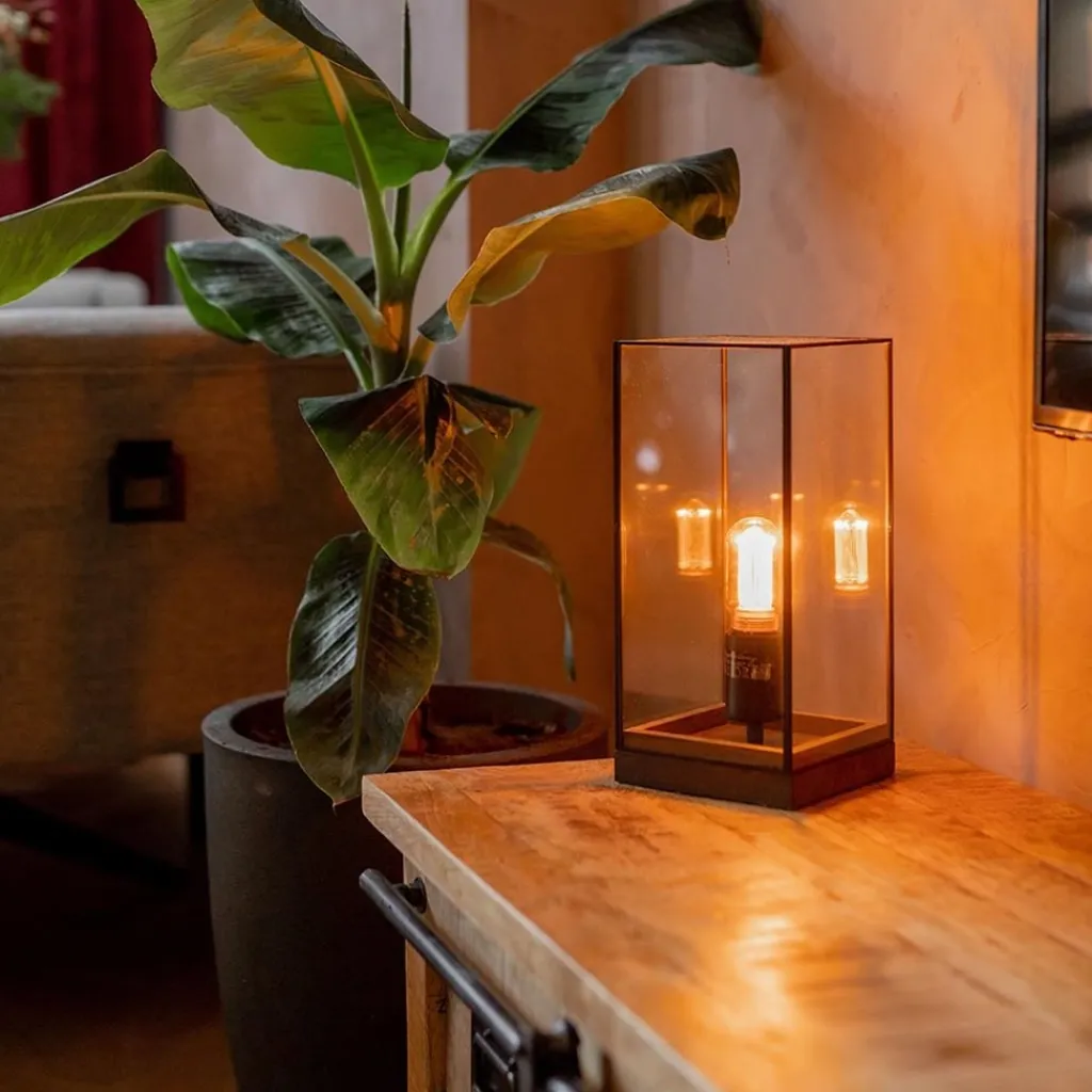 Glazen tafellamp Askjer hout met zwart>Straluma Best
