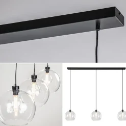 Grote 3-lichts hanglamp met helder glas en zwarte balk><noscript><img width=