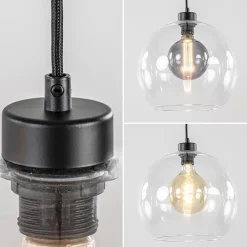 Grote 3-lichts hanglamp met helder glas en zwarte balk><noscript><img width=