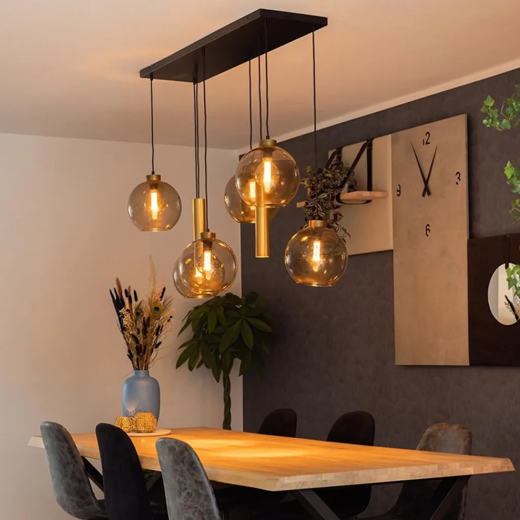 Hanglamp Globe 8L 6x glas/2xbuis goud>Straluma Clearance