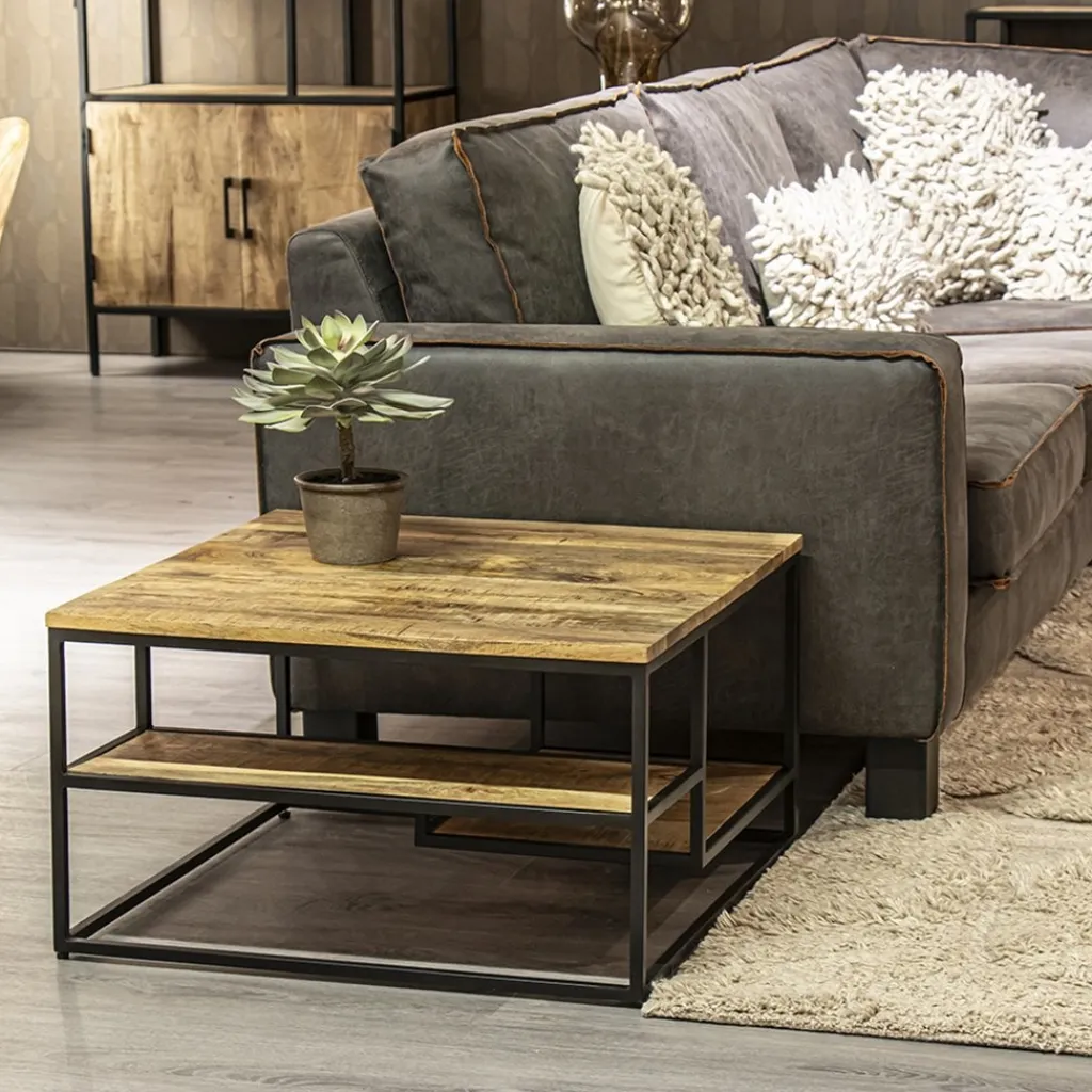Hoektafel mangohout met zwart frame 70x70x40 cm>Straluma Cheap