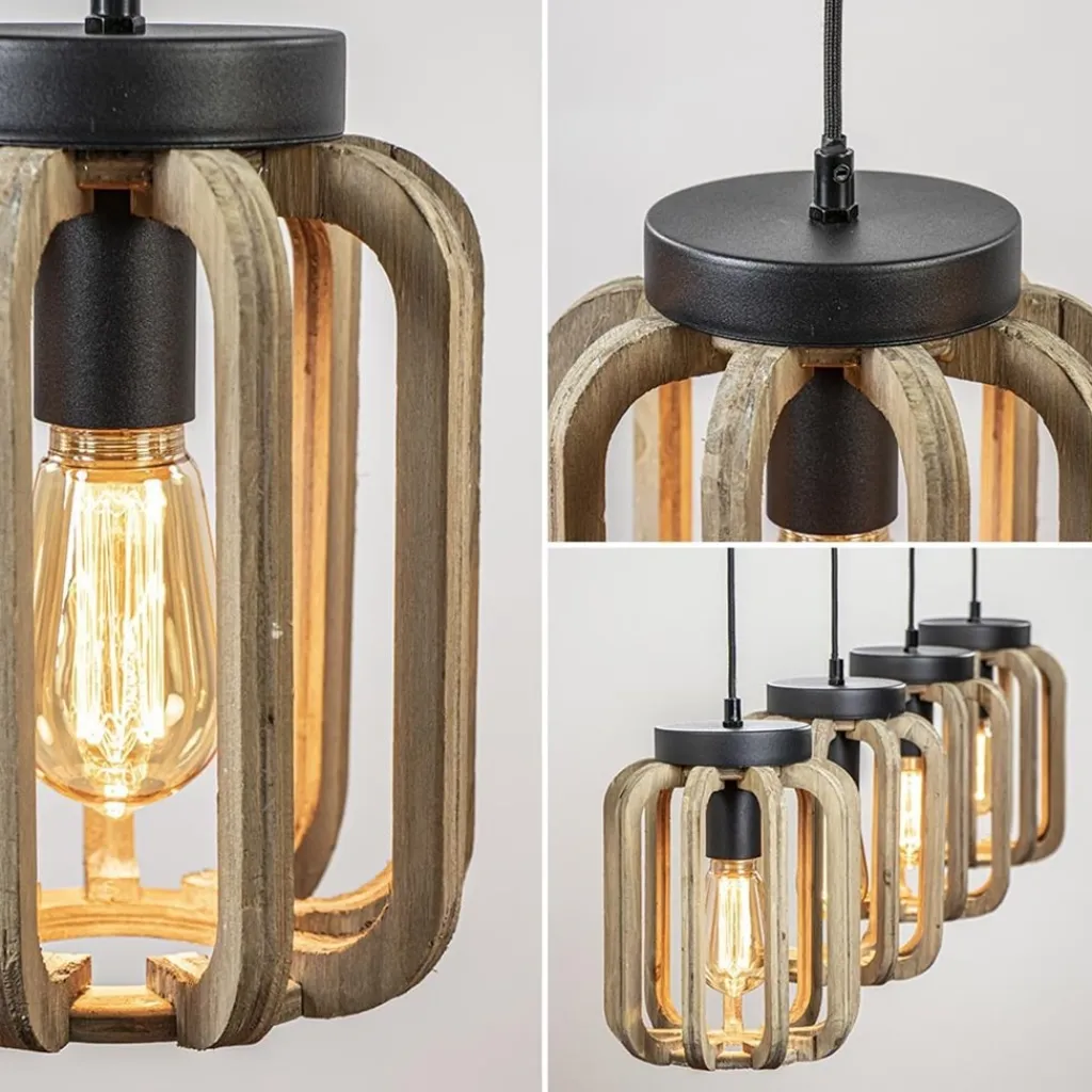4-Lichts eettafelhanglamp mat zwart met ruw hout>Straluma Clearance