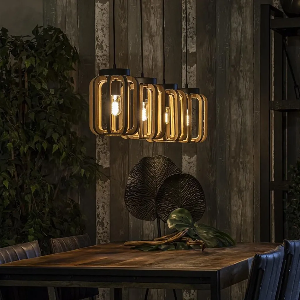 4-Lichts eettafelhanglamp mat zwart met ruw hout>Straluma Clearance