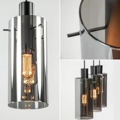 3-Lichts eettafelhanglamp zwart met cilinder smoke glas><noscript><img width=