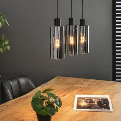 3-Lichts eettafelhanglamp zwart met cilinder smoke glas><noscript><img width=