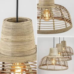 3-Lichts eettafelhanglamp zwart met rotan kappen><noscript><img width=
