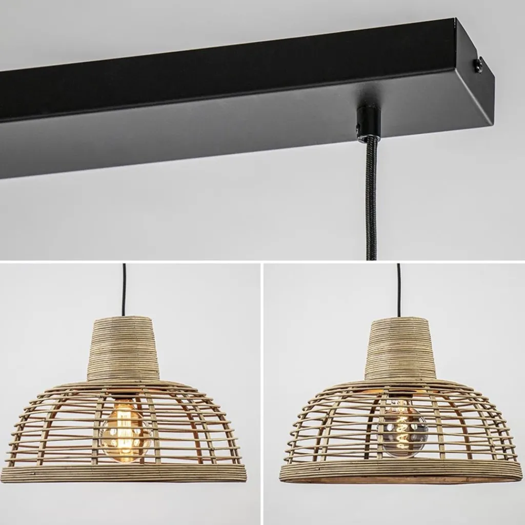 3-Lichts eettafelhanglamp zwart met rotan kappen>Straluma Discount
