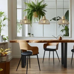 3-Lichts eettafelhanglamp zwart met rotan kappen><noscript><img width=