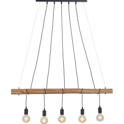5-Lichts hanglamp houten balk met zwarte pendels>Straluma Discount