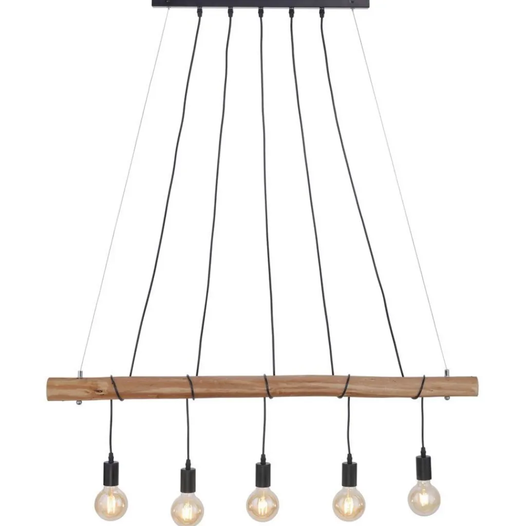 5-Lichts hanglamp houten balk met zwarte pendels>Straluma Discount