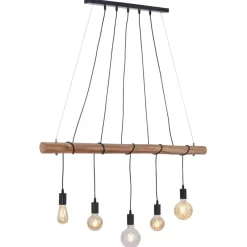 5-Lichts hanglamp houten balk met zwarte pendels><noscript><img width=