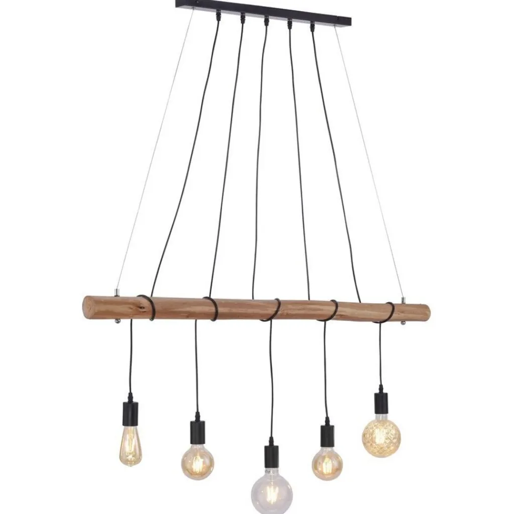 5-Lichts hanglamp houten balk met zwarte pendels>Straluma Discount