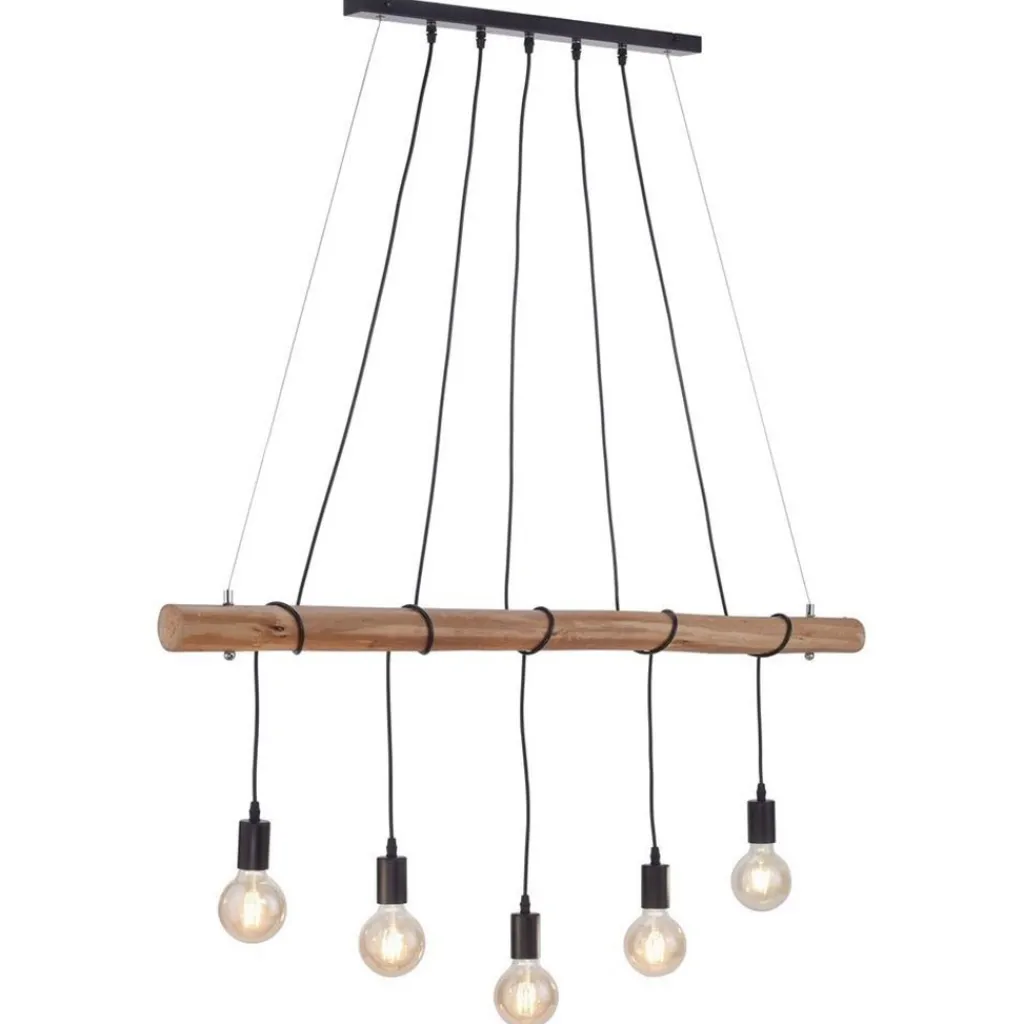 5-Lichts hanglamp houten balk met zwarte pendels>Straluma Discount