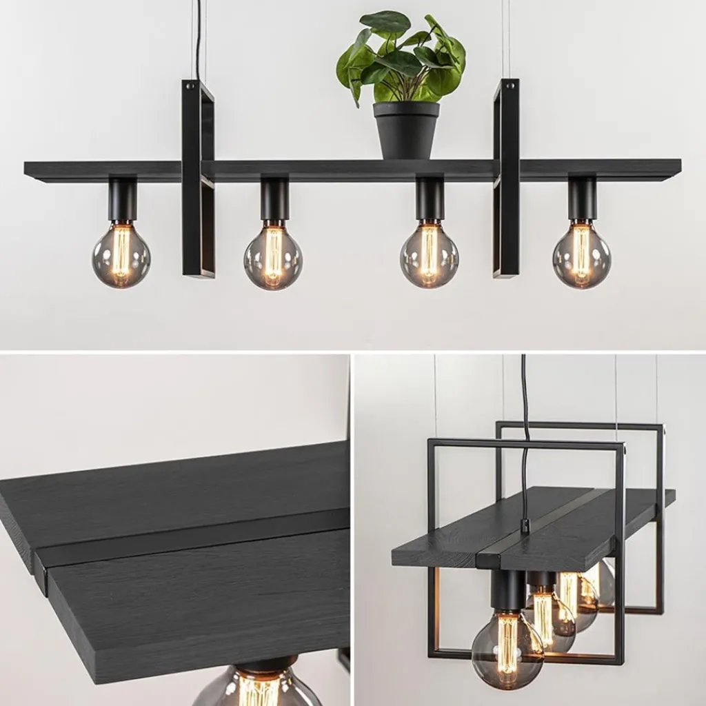 4-Lichts hanglamp zwart met zwarte houten planken>Straluma Cheap