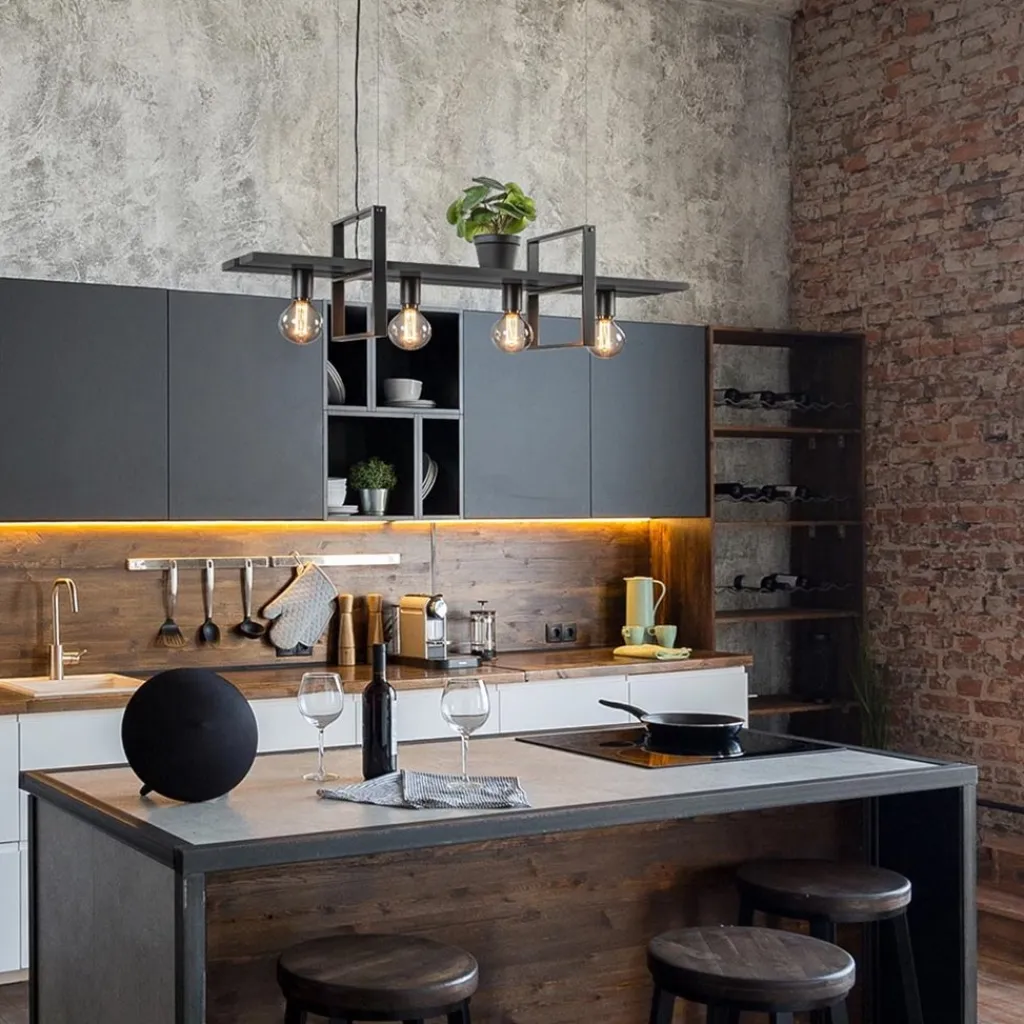 4-Lichts hanglamp zwart met zwarte houten planken>Straluma Cheap