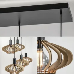 5-Lichts hanglamp zwart met naturel houten kappen><noscript><img width=