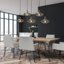 5-Lichts hanglamp zwart met naturel houten kappen><noscript><img width=