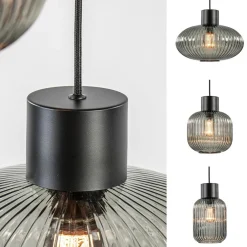 3-Lichts ronde eettafelhanglamp zwart met smoke glas><noscript><img width=