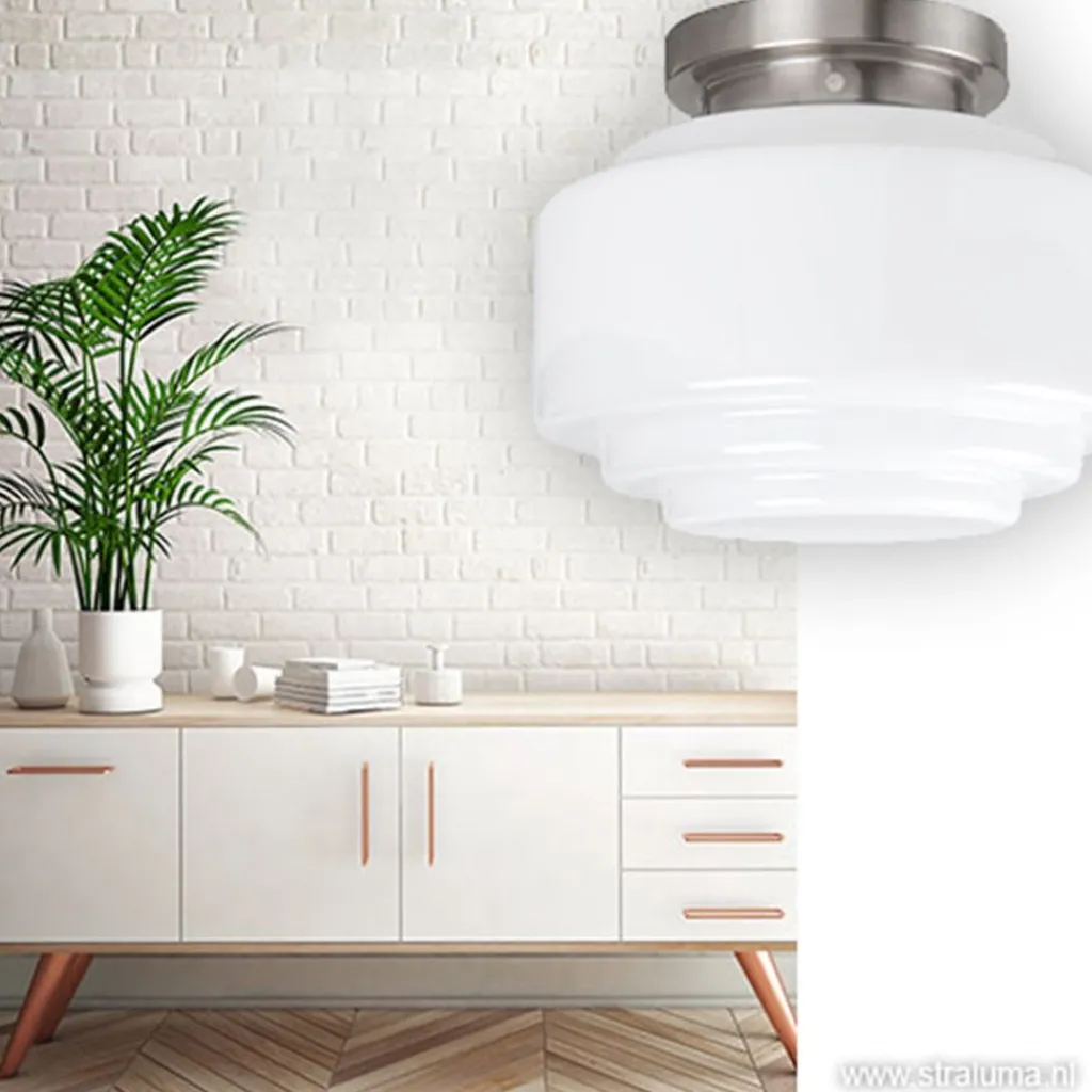 Plafonnière retro opaal glas/staal>Straluma Outlet