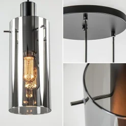Ronde 3-lichts hanglamp met cilinder smoke glas><noscript><img width=