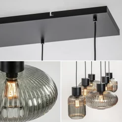 Stijlvolle 6-lichts eettafelhanglamp zwart met smoke glas><noscript><img width=
