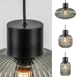 Stijlvolle 6-lichts eettafelhanglamp zwart met smoke glas><noscript><img width=