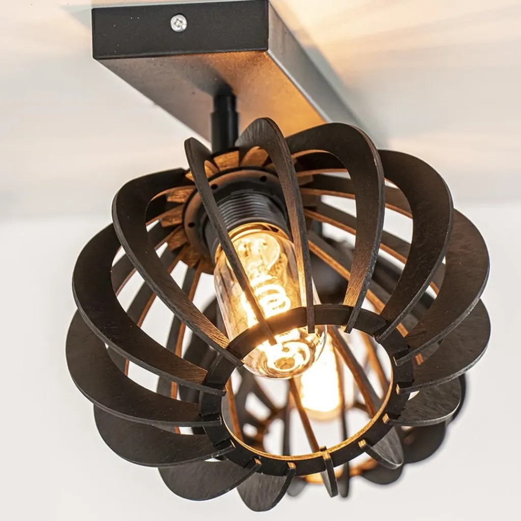 Stoere 2-lichts plafondlamp met houten kappen zwart>Straluma Sale