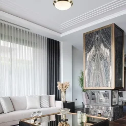 Strak klassieke plafonnière brons met mat wit glas><noscript><img width=