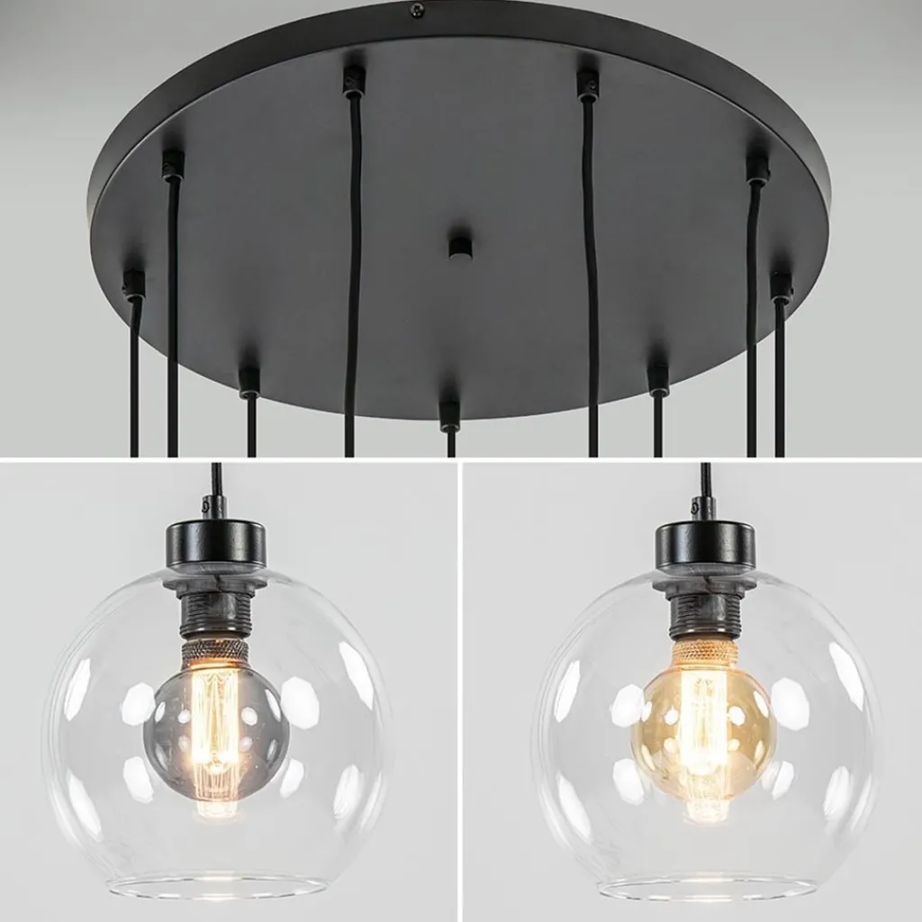 Videlamp / multipendel 9L zwart helder bolglas>Straluma Hot