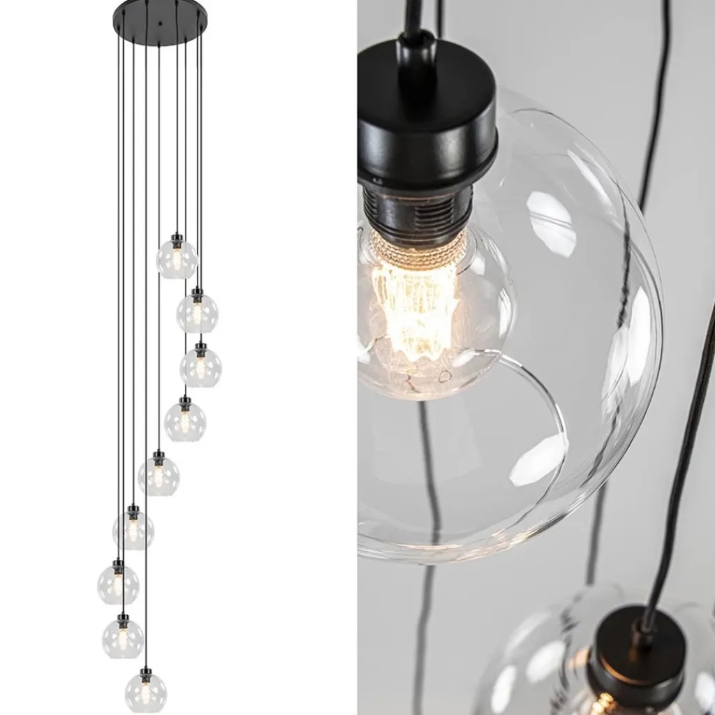 Videlamp / multipendel 9L zwart helder bolglas>Straluma Hot