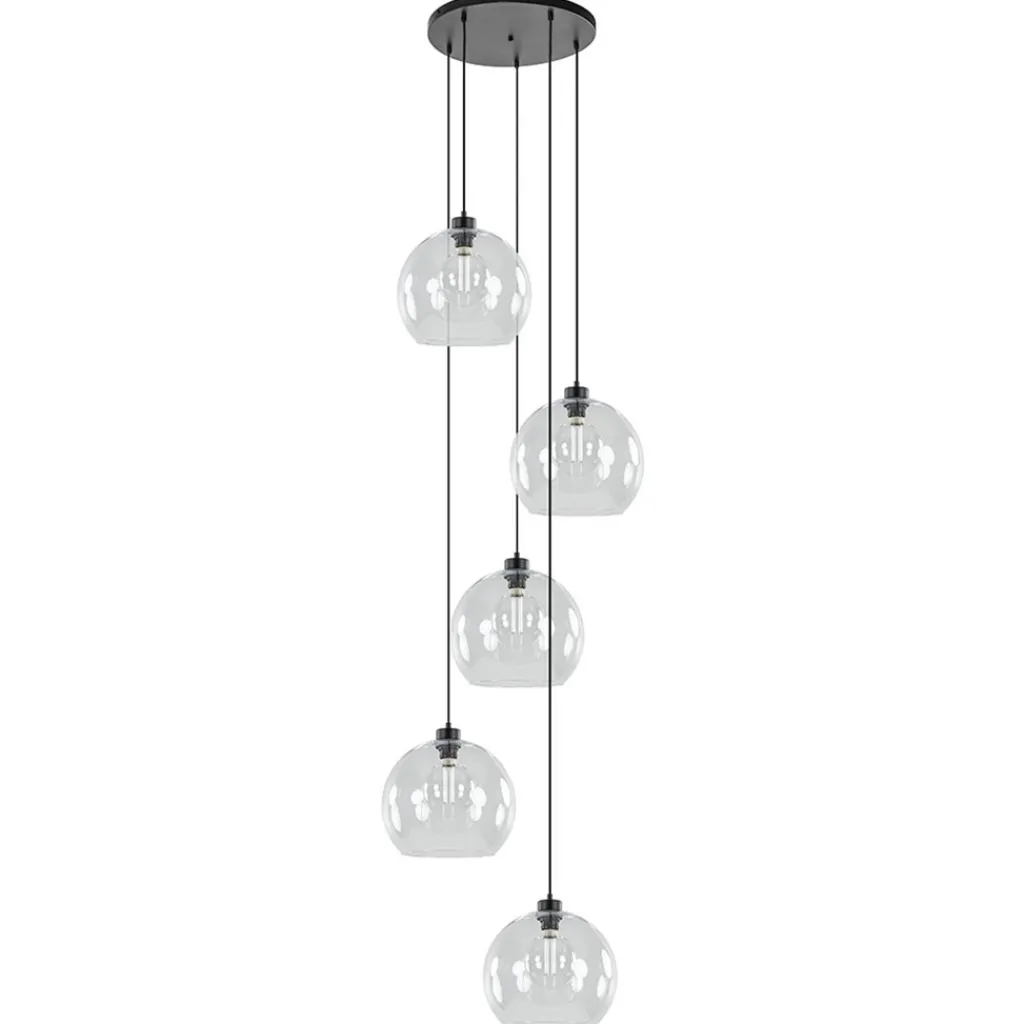 Videlamp / multipendel zwart met 5 helder glazen bollen>Straluma Shop
