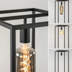 Vloerlamp zwart frame met houten plank><noscript><img width=