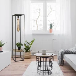Vloerlamp zwart frame met houten plank><noscript><img width=