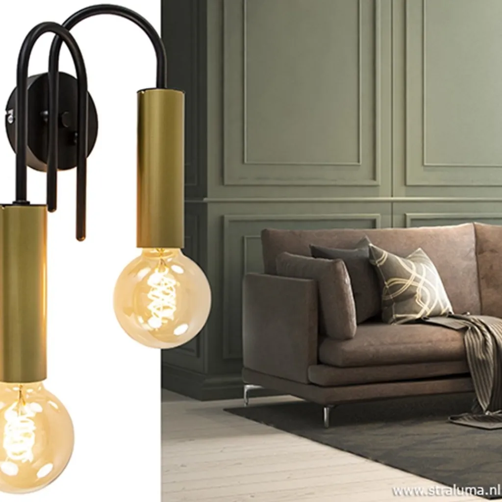 Wandlamp toog dubbel zwart/mat goud>Straluma Clearance