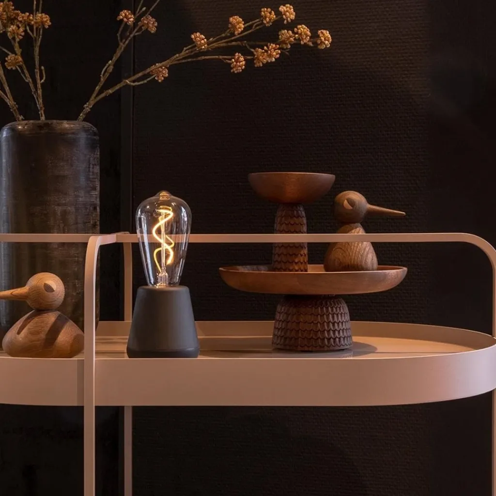 Zwart houten tafellamp oplaadbaar met helder glas>Straluma Store