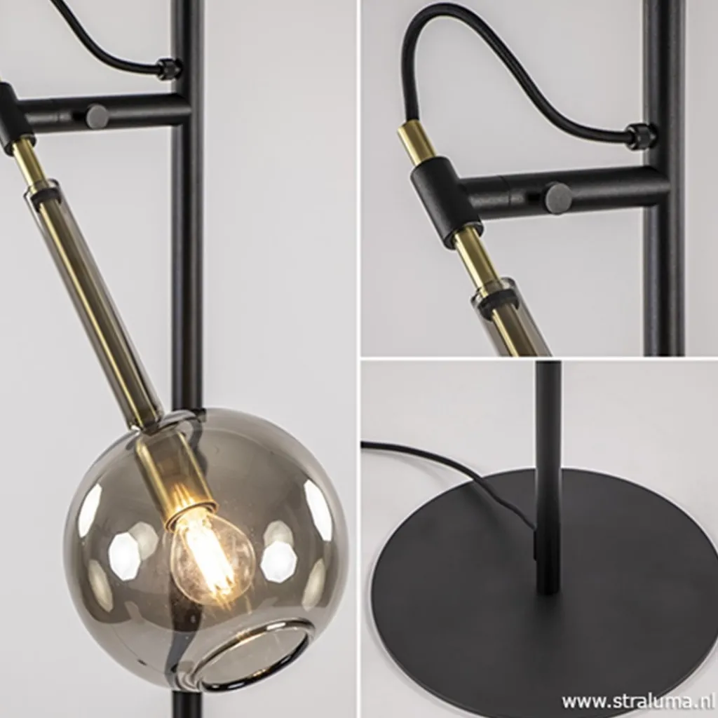 Zwart/messing vloerlamp met smoke glas>Straluma Online